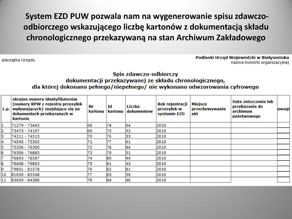 kartonów z dokumentacją składu