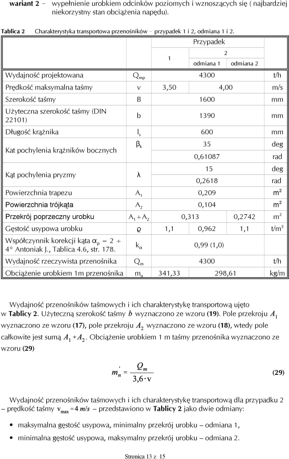 1 Przypadek 2 odmiana 1 odmiana 2 Wydajność projektowana Q mp 4300 t/h Prędkość maksymalna taśmy v 3,50 4,00 m/s Szerokość taśmy B 1600 mm Użyteczna szerokość taśmy (DIN 22101) b 1390 mm Długość