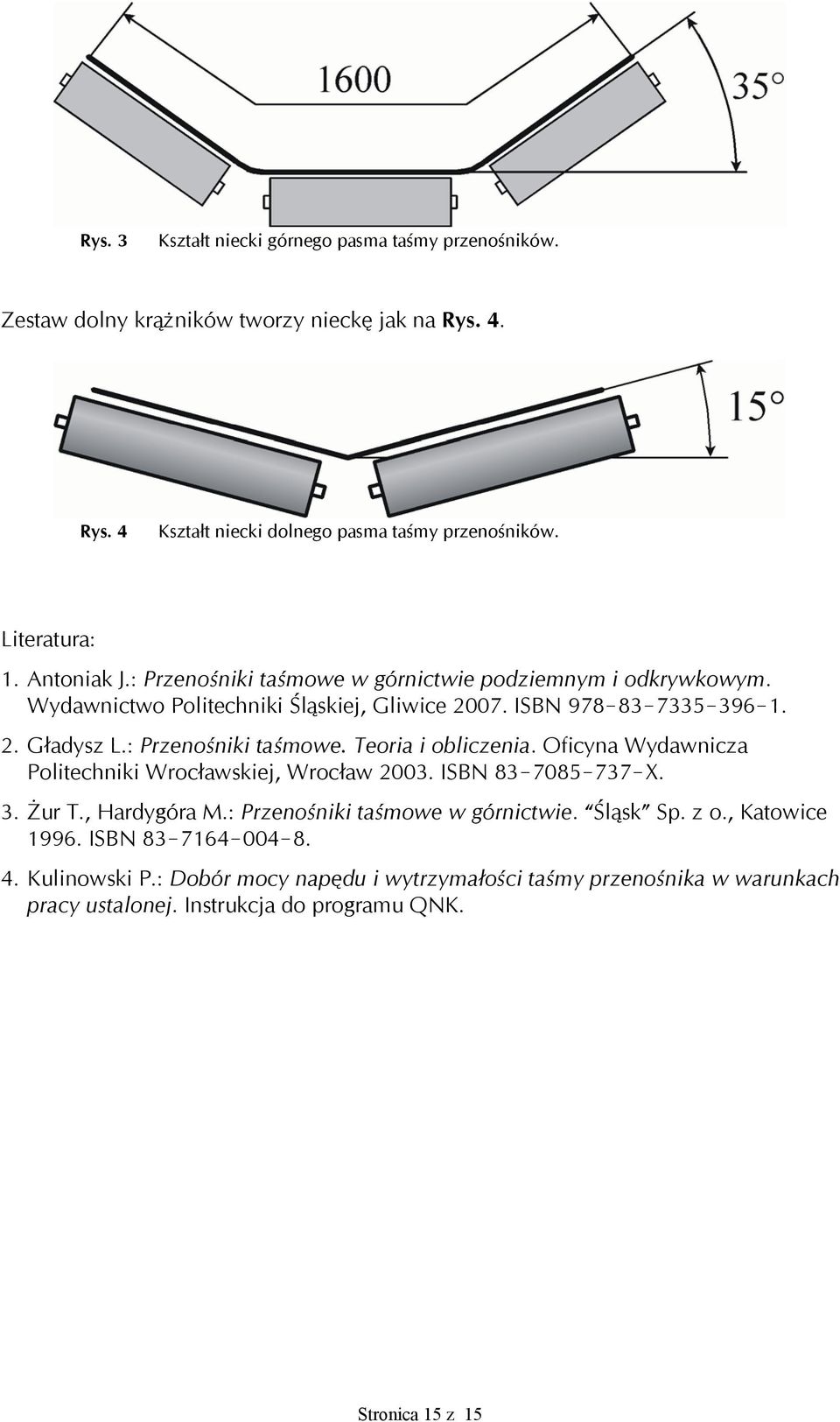 : Przenośniki taśmowe. Teoria i obliczenia. Oficyna Wydawnicza Politechniki Wrocławskiej, Wrocław 2003. ISBN 83!7085!737!X. 3. Żur T., Hardygóra M.