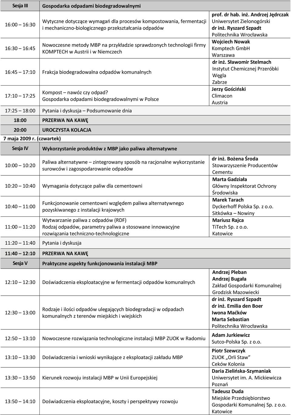 Gospodarka odpadami biodegradowalnymi w Polsce 17:25 18:00 Pytania i dyskusja Podsumowanie dnia 18:00 PRZERWA NA KAWĘ 20:00 UROCZYSTA KOLACJA 7 maja 2009 r.