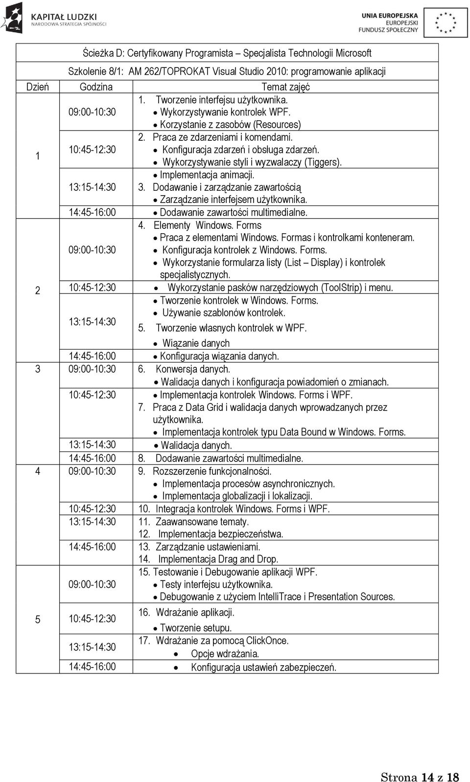 Implementacja animacji. 3. Dodawanie i zarządzanie zawartością Zarządzanie interfejsem użytkownika. Dodawanie zawartości multimedialne. 4. Elementy Windows. Forms Praca z elementami Windows.