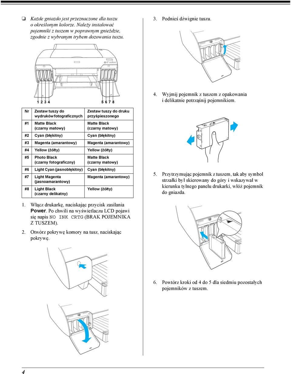Nr Zestaw tuszy do wydruków fotograficznych #1 Matte Black (czarny matowy) Zestaw tuszy do druku przyśpieszonego Matte Black (czarny matowy) #2 Cyan (błękitny) Cyan (błękitny) #3 Magenta (amarantowy)