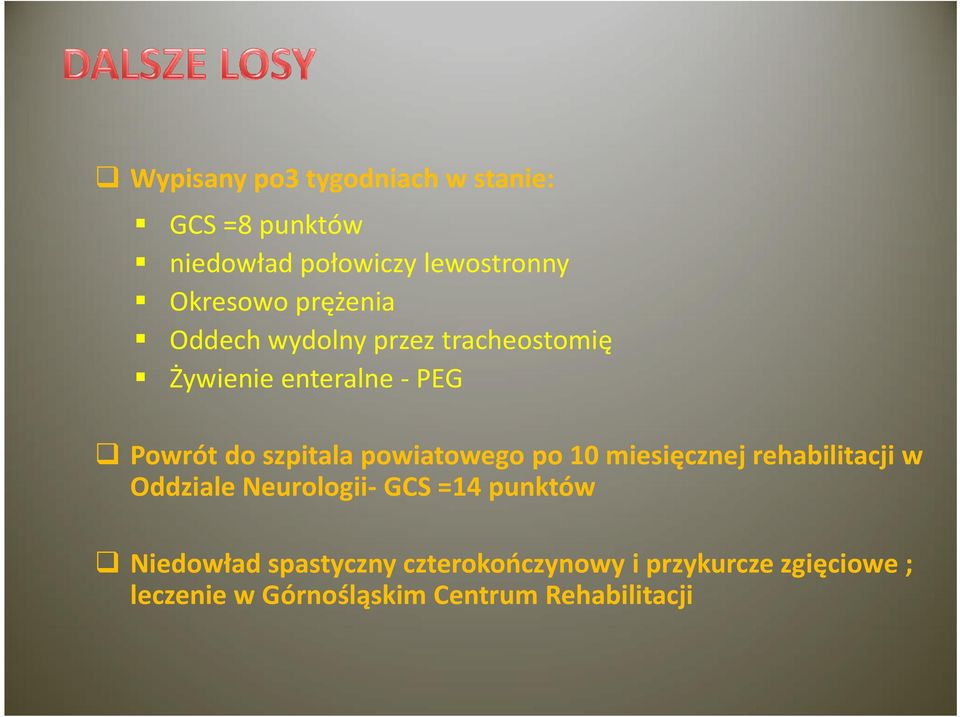 powiatowego po 10 miesięcznej rehabilitacji w Oddziale Neurologii- GCS =14 punktów Niedowład