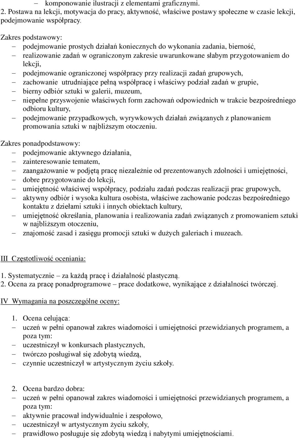 ograniczonej współpracy przy realizacji zadań grupowych, zachowanie utrudniające pełną współpracę i właściwy podział zadań w grupie, bierny odbiór sztuki w galerii, muzeum, niepełne przyswojenie