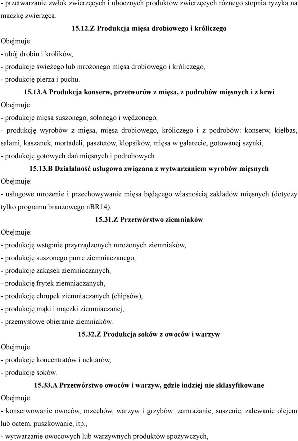 A Produkcja konserw, przetworów z mięsa, z podrobów mięsnych i z krwi - produkcję mięsa suszonego, solonego i wędzonego, - produkcję wyrobów z mięsa, mięsa drobiowego, króliczego i z podrobów: