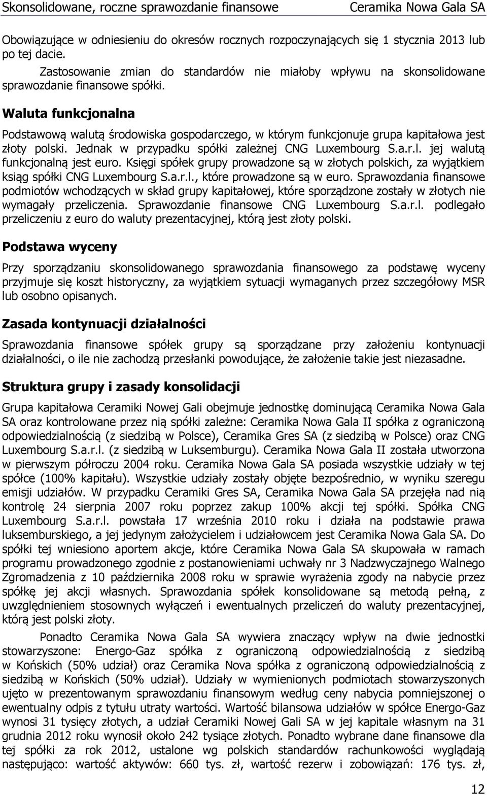 Waluta funkcjonalna Podstawową walutą środowiska gospodarczego, w którym funkcjonuje grupa kapitałowa jest złoty polski. Jednak w przypadku spółki zależnej CNG Luxembourg S.a.r.l. jej walutą funkcjonalną jest euro.