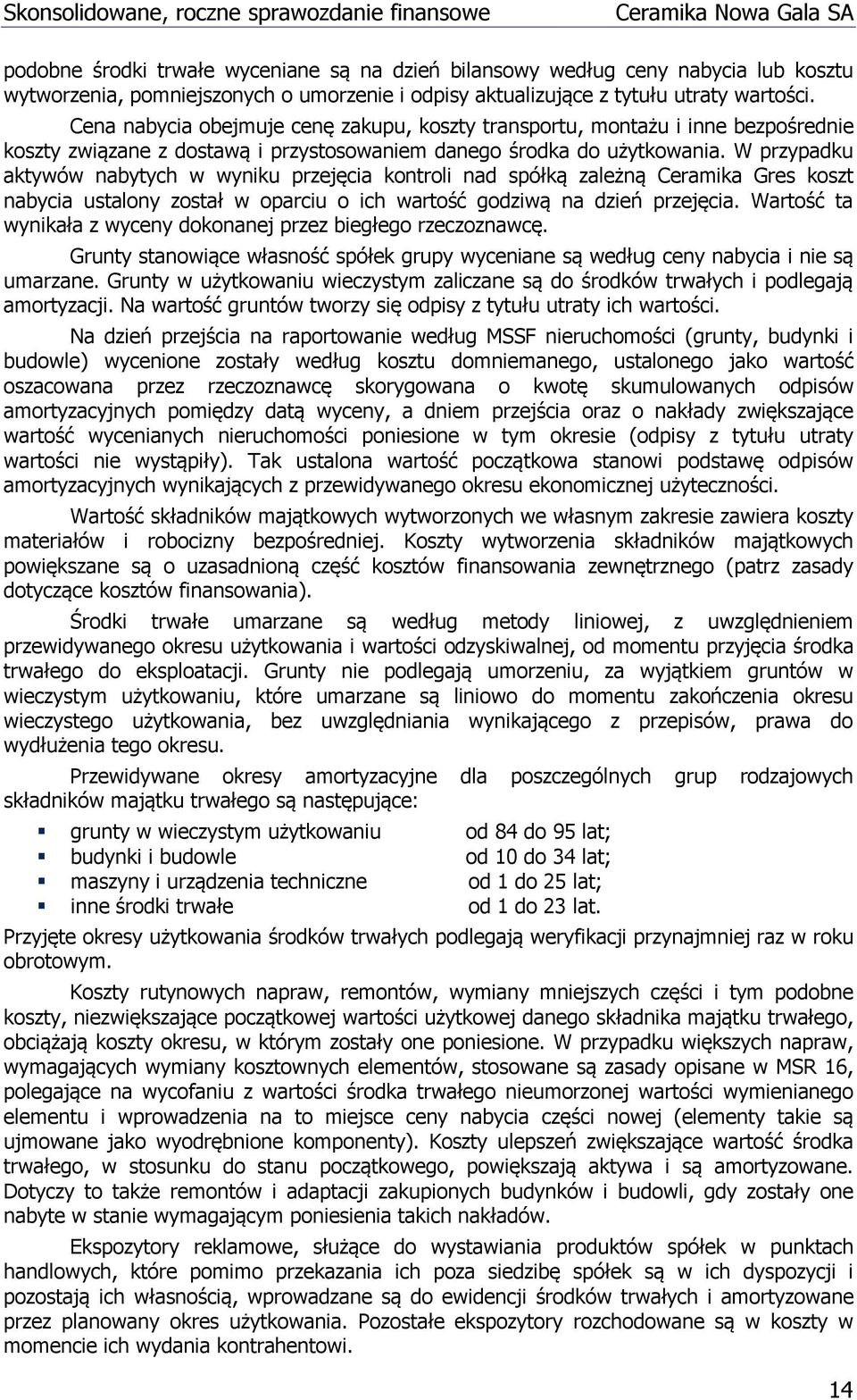 W przypadku aktywów nabytych w wyniku przejęcia kontroli nad spółką zależną Ceramika Gres koszt nabycia ustalony został w oparciu o ich wartość godziwą na dzień przejęcia.