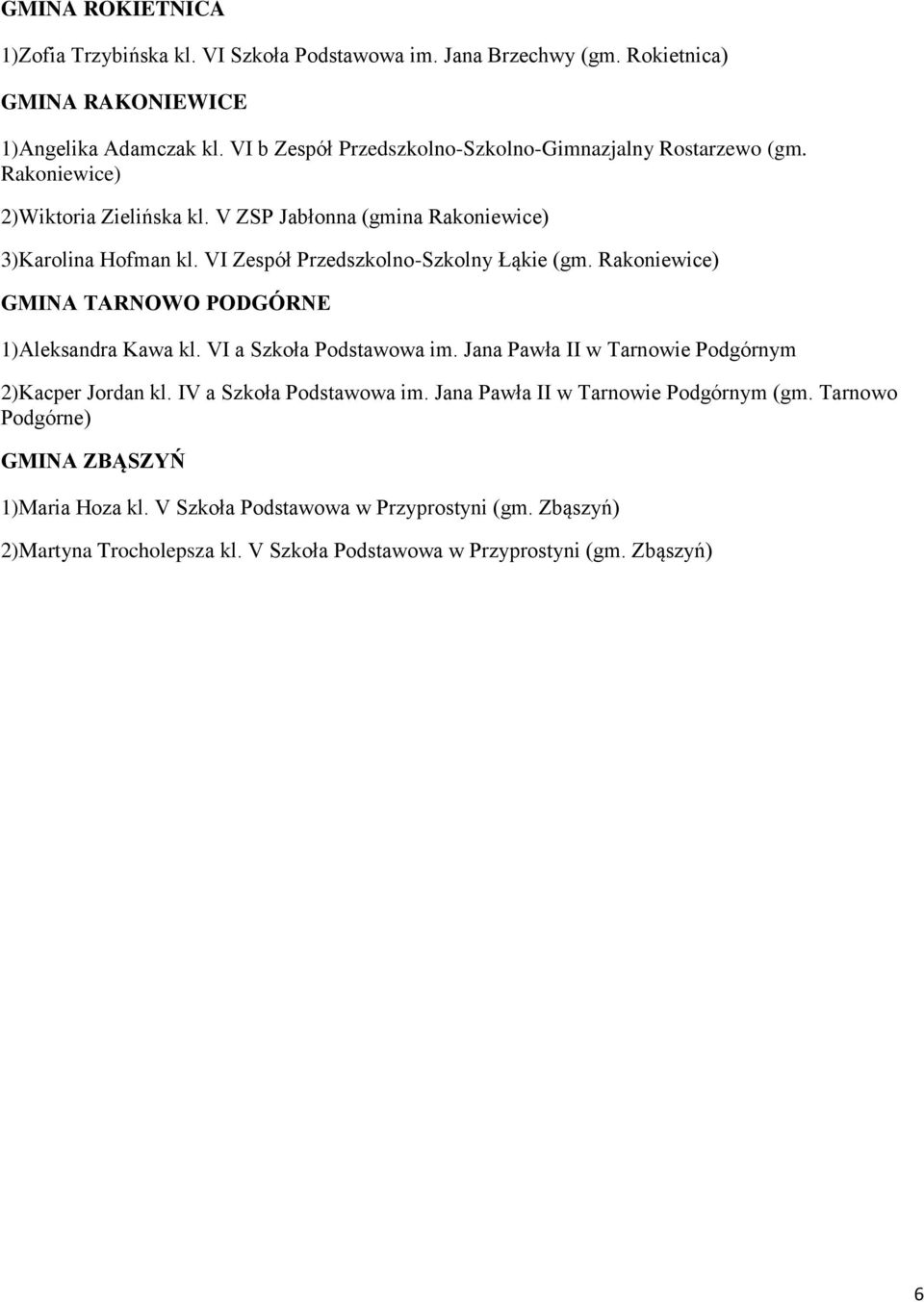 VI Zespół Przedszkolno-Szkolny Łąkie (gm. Rakoniewice) GMINA TARNOWO PODGÓRNE 1)Aleksandra Kawa kl. VI a Szkoła Podstawowa im.