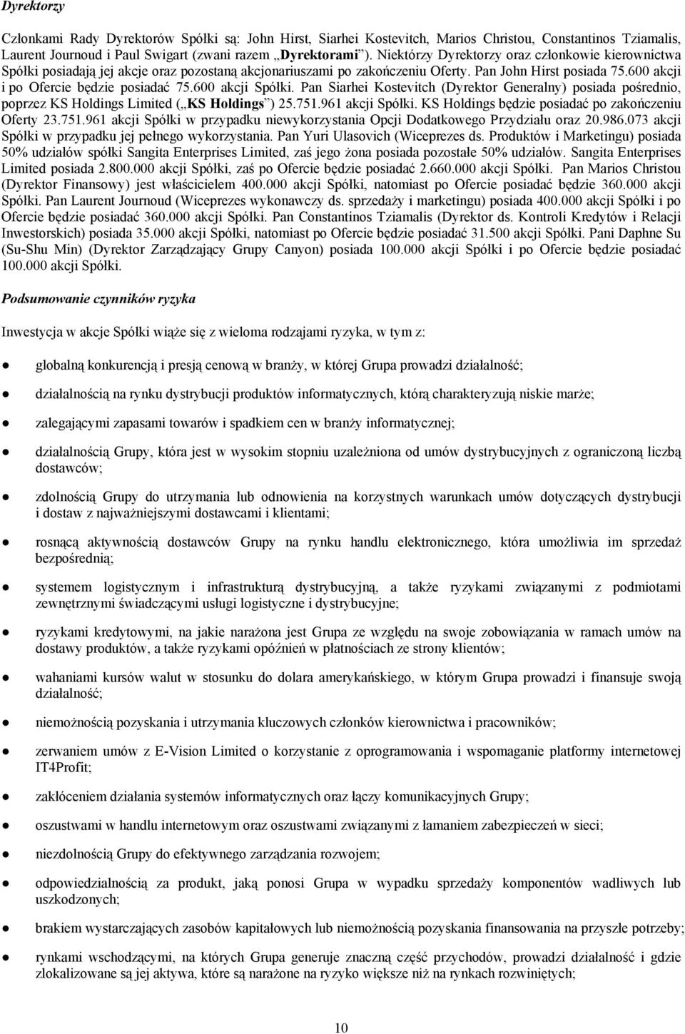 600 akcji Spółki. Pan Siarhei Kostevitch (Dyrektor Generalny) posiada pośrednio, poprzez KS Holdings Limited ( KS Holdings ) 25.751.961 akcji Spółki.