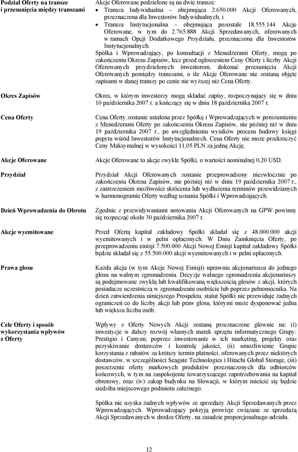 000 Akcji Oferowanych, przeznaczona dla Inwestorów Indywidualnych, i Transza Instytucjonalna obejmująca pozostałe 18.555.144 Akcje Oferowane, w tym do 2.765.