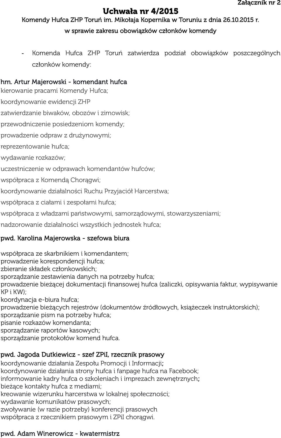 Artur Majerowski - komendant hufca kierowanie pracami Komendy Hufca; koordynowanie ewidencji ZHP zatwierdzanie biwaków, obozów i zimowisk; przewodniczenie posiedzeniom komendy; prowadzenie odpraw z