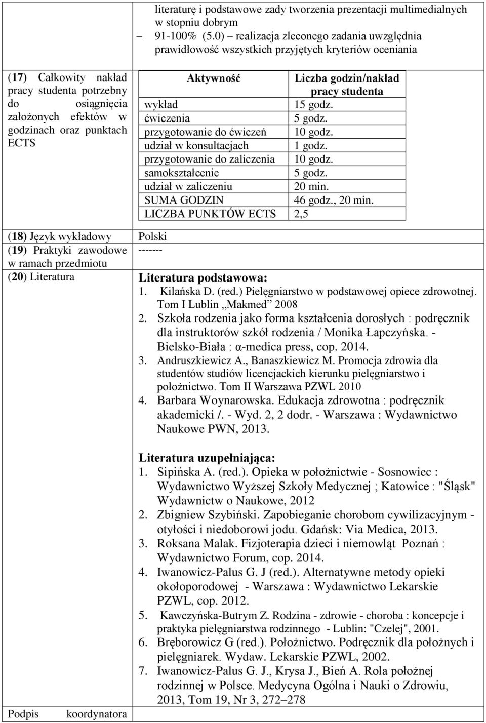 Aktywność Liczba godzin/nakład wykład 15 godz. ćwiczenia 5 godz. przygotowanie do ćwiczeń 10 godz. udział w konsultacjach 1 godz. przygotowanie do zaliczenia 10 godz. samokształcenie 5 godz.