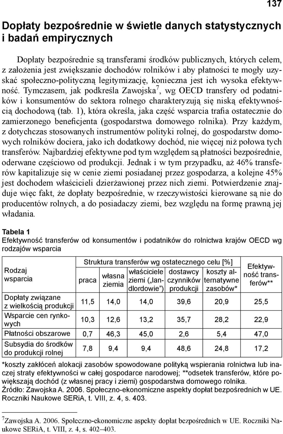 Tymczasem, jak podkreśla Zawojska 7, wg OECD transfery od podatników i konsumentów do sektora rolnego charakteryzują się niską efektywnością dochodową (tab.