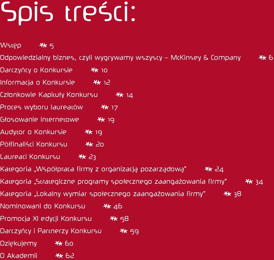 Konkursu 23 Kategoria Współpraca firmy z organizacją pozarządową 24 Kategoria Strategiczne programy społecznego zaangażowania firmy 34 Kategoria