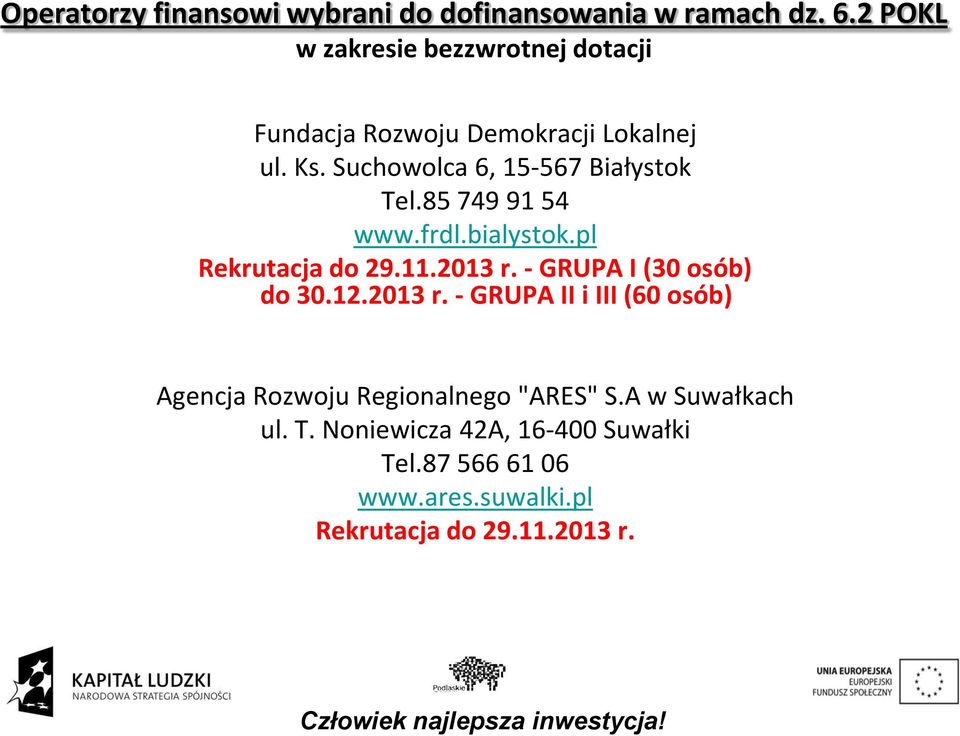 Suchowolca 6, 15-567 Białystok Tel.85 749 91 54 www.frdl.bialystok.pl Rekrutacja do 29.11.2013 r.