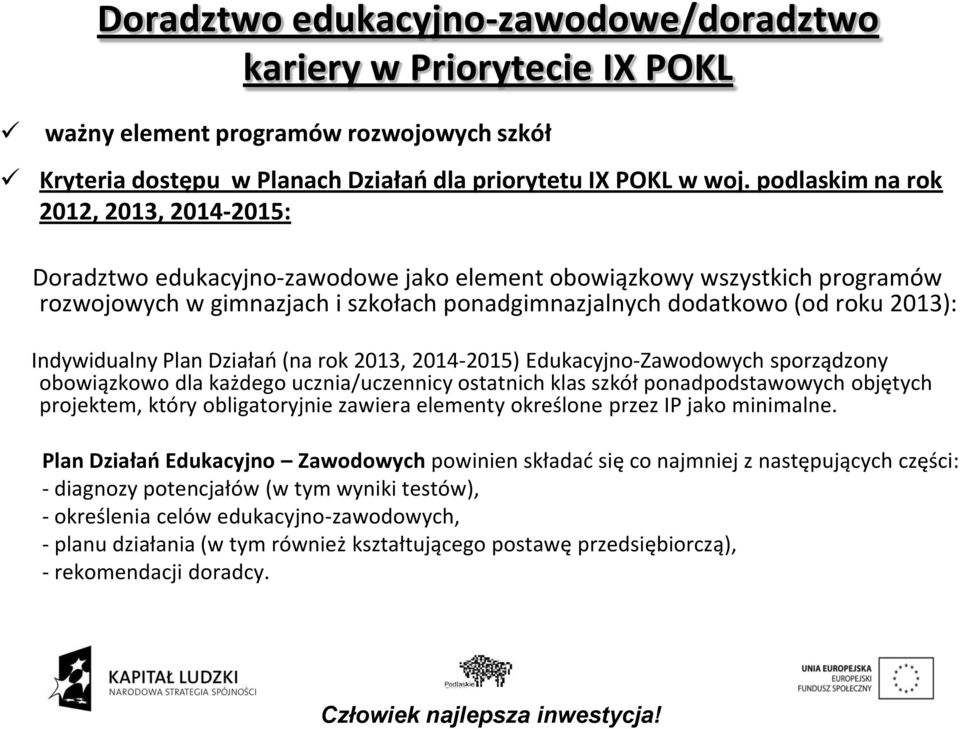 Indywidualny Plan Działao (na rok 2013, 2014-2015) Edukacyjno-Zawodowych sporządzony obowiązkowo dla każdego ucznia/uczennicy ostatnich klas szkół ponadpodstawowych objętych projektem, który