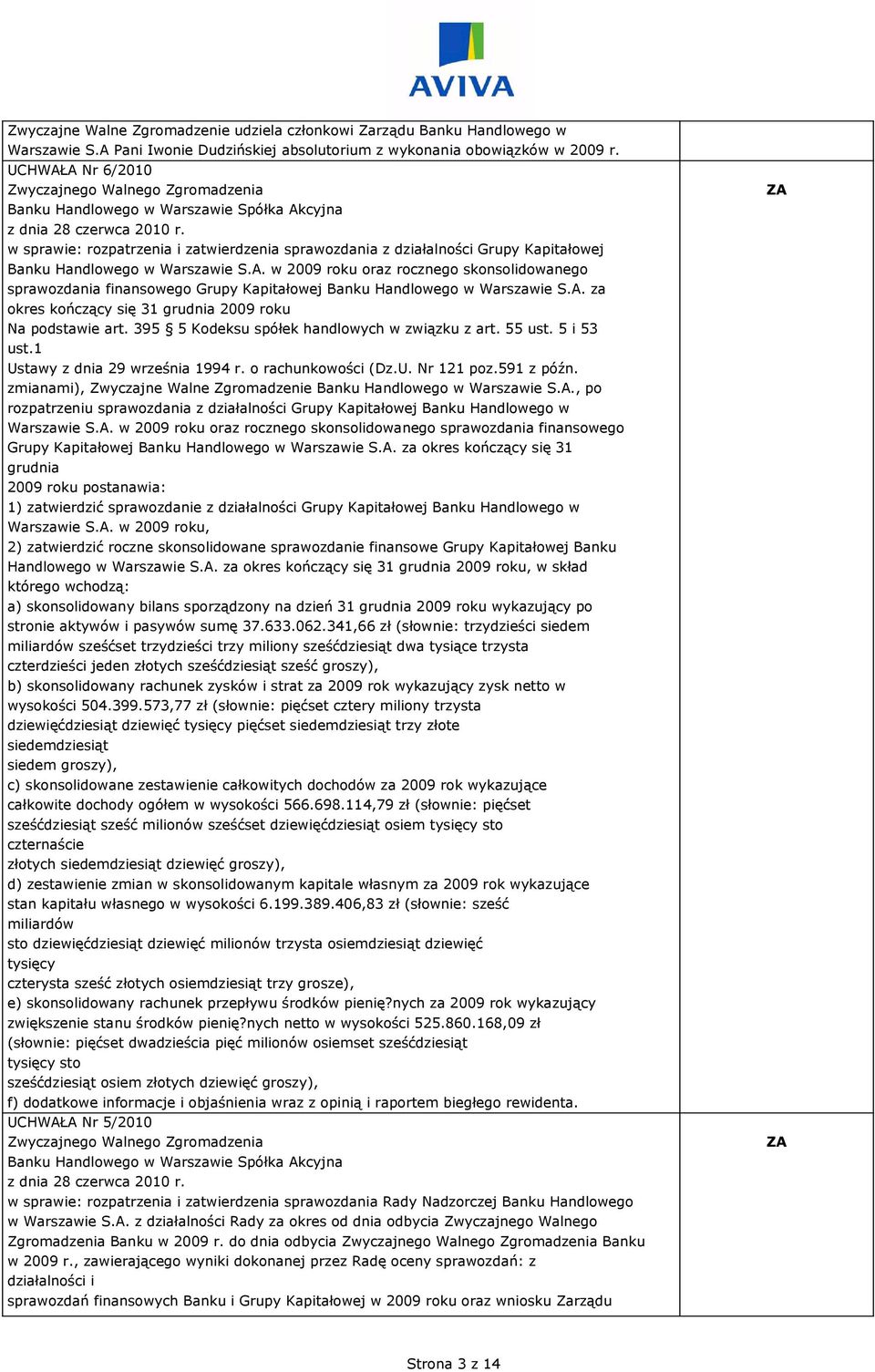 A. za okres kończący się 31 grudnia 2009 roku Na podstawie art. 395 5 Kodeksu spółek handlowych w związku z art. 55 ust. 5 i 53 ust.1 Ustawy z dnia 29 września 1994 r. o rachunkowości (Dz.U. Nr 121 poz.