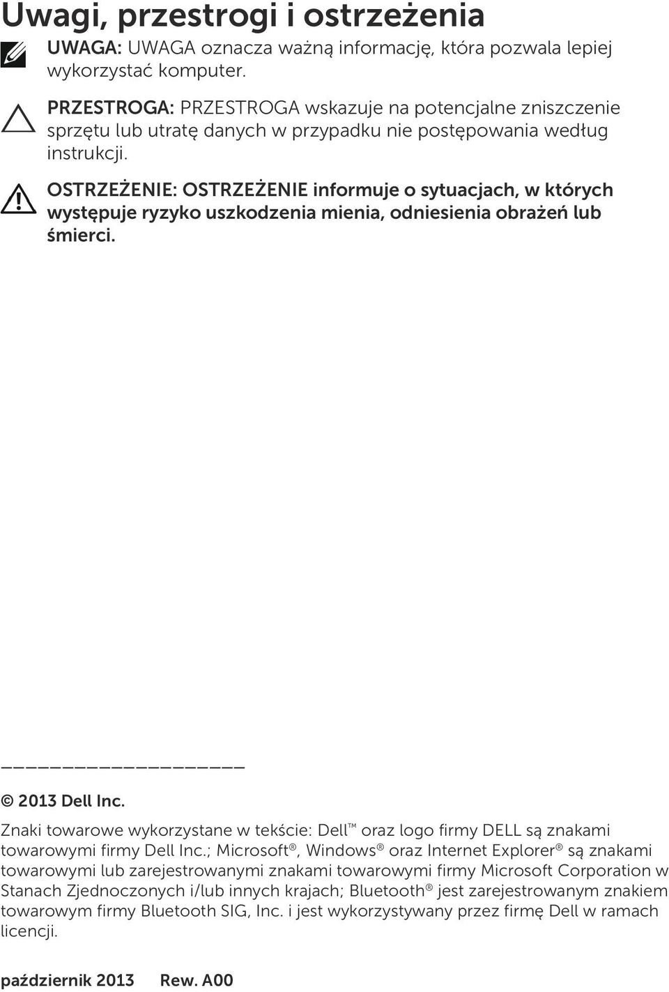 OSTRZEŻENIE: OSTRZEŻENIE informuje o sytuacjach, w których występuje ryzyko uszkodzenia mienia, odniesienia obrażeń lub śmierci. 2013 Dell Inc.