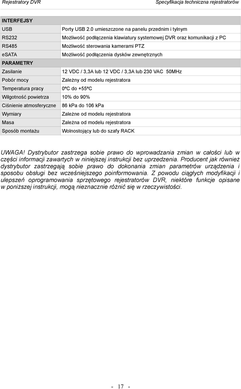 zewnętrznych PARAMETRY Zasilanie 2 VDC / 3,3A lub 2 VDC / 3,3A lub 230 VAC 50MHz Pobór mocy Zależny od modelu rejestratora Temperatura pracy 0ºC do +55ºC Wilgotność powietrza 0% do 90% Ciśnienie