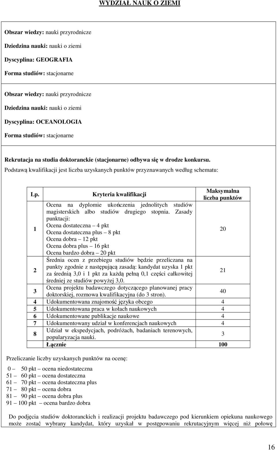 Zasady punktacji: Ocena dostateczna 4 pkt Ocena dostateczna plus 8 pkt Ocena dobra 2 pkt Ocena dobra plus 6 pkt Ocena bardzo dobra pkt Średnia ocen z przebiegu studiów będzie przeliczana na punkty