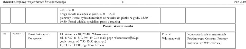 Włoszczowski 22 22/2015 Punkt Interwencji Ul. Wiśniowa 10, 29-100 Włoszczowa tel.