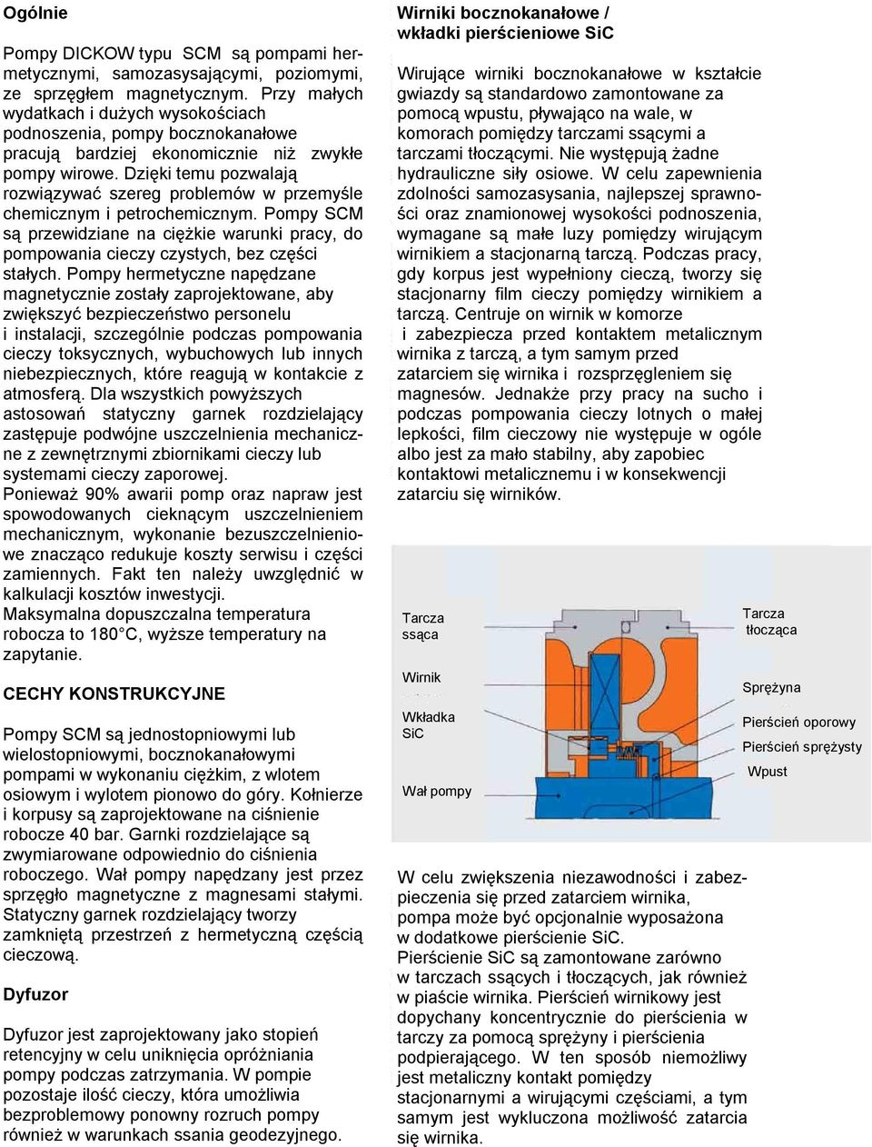 Dzięki temu pozwalają rozwiązywać szereg problemów w przemyśle chemicznym i petrochemicznym. Pompy SCM są przewidziane na ciężkie warunki pracy, do pompowania cieczy czystych, bez części stałych.