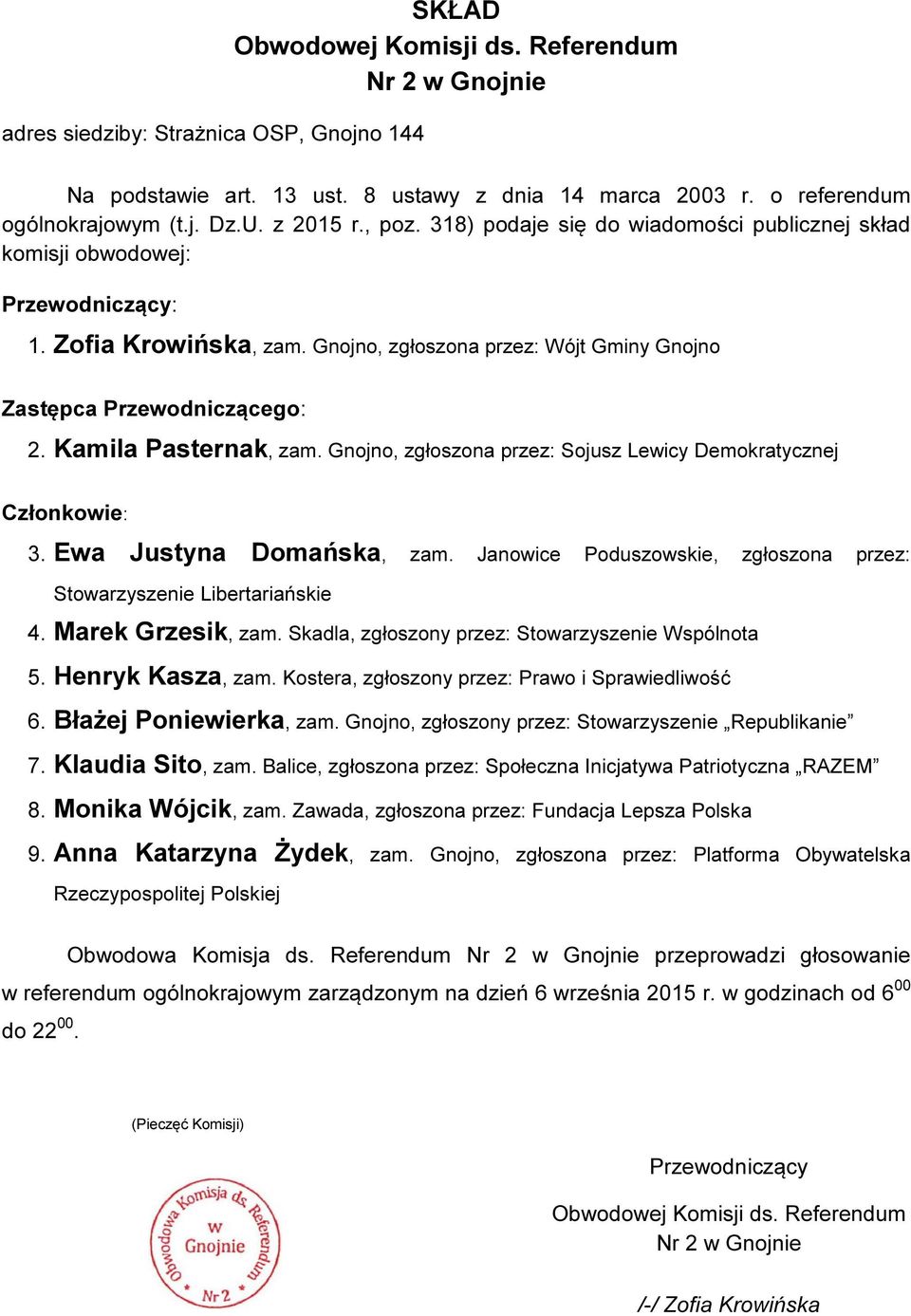 Skadla, zgłoszony przez: Stowarzyszenie Wspólnota 5. Henryk Kasza, zam. Kostera, zgłoszony przez: Prawo i Sprawiedliwość 6. Błażej Poniewierka, zam.