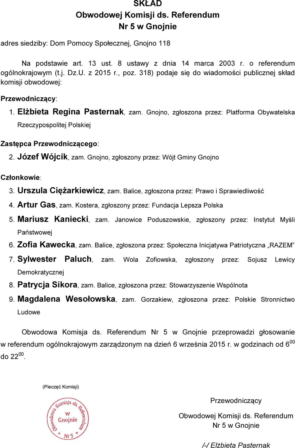 Mariusz Kaniecki, zam. Janowice Poduszowskie, zgłoszony przez: Instytut Myśli 6. Zofia Kawecka, zam. Balice, zgłoszona przez: Społeczna Inicjatywa Patriotyczna RAZEM 7. Sylwester Paluch, zam.