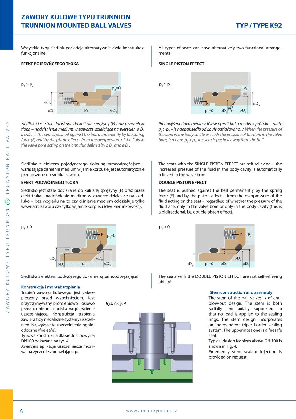 / The seat is pushed against the ball permanently by the spring force (F) and by the piston effect - from the overpressure of the fluid in the valve bore acting on the annulus defined by ø D A and ø