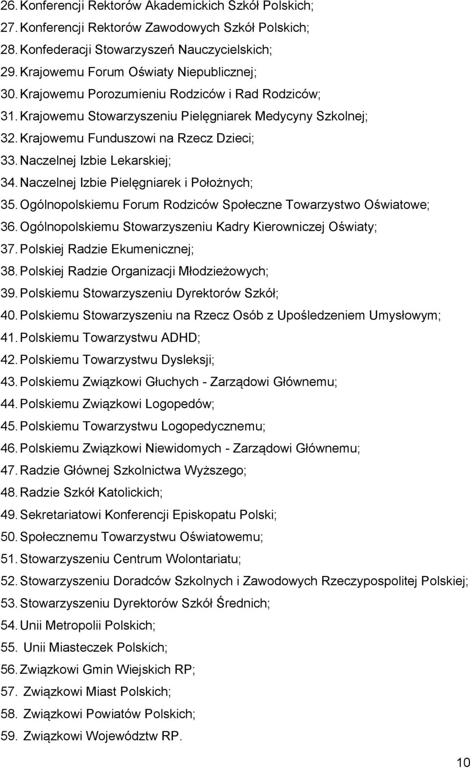 Naczelnej Izbie Pielęgniarek i Położnych; 35. Ogólnopolskiemu Forum Rodziców Społeczne Towarzystwo Oświatowe; 36. Ogólnopolskiemu Stowarzyszeniu Kadry Kierowniczej Oświaty; 37.