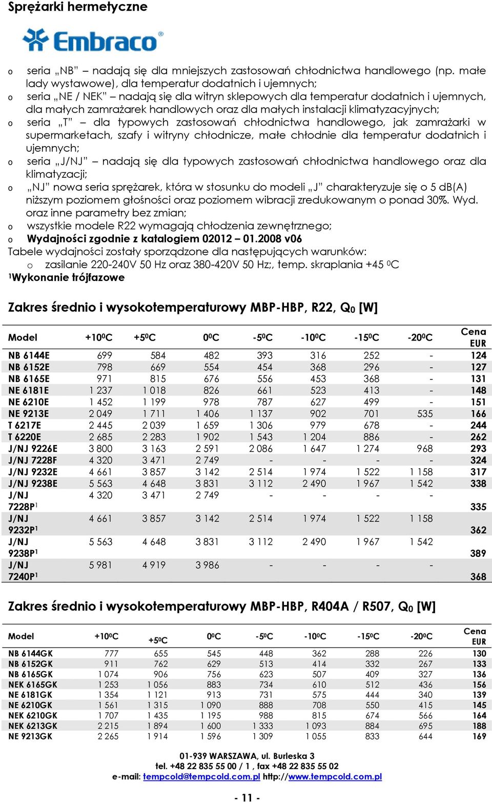 instalacji klimatyzacyjnych; o seria T dla typowych zastosowań chłodnictwa handlowego, jak zamrażarki w supermarketach, szafy i witryny chłodnicze, małe chłodnie dla temperatur dodatnich i ujemnych;