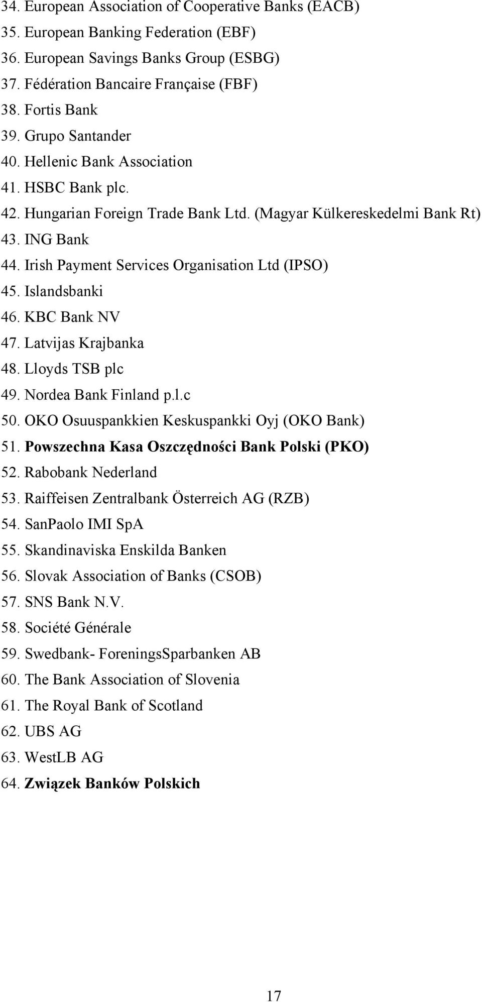 Irish Payment Services Organisation Ltd (IPSO) 45. Islandsbanki 46. KBC Bank NV 47. Latvijas Krajbanka 48. Lloyds TSB plc 49. Nordea Bank Finland p.l.c 50.