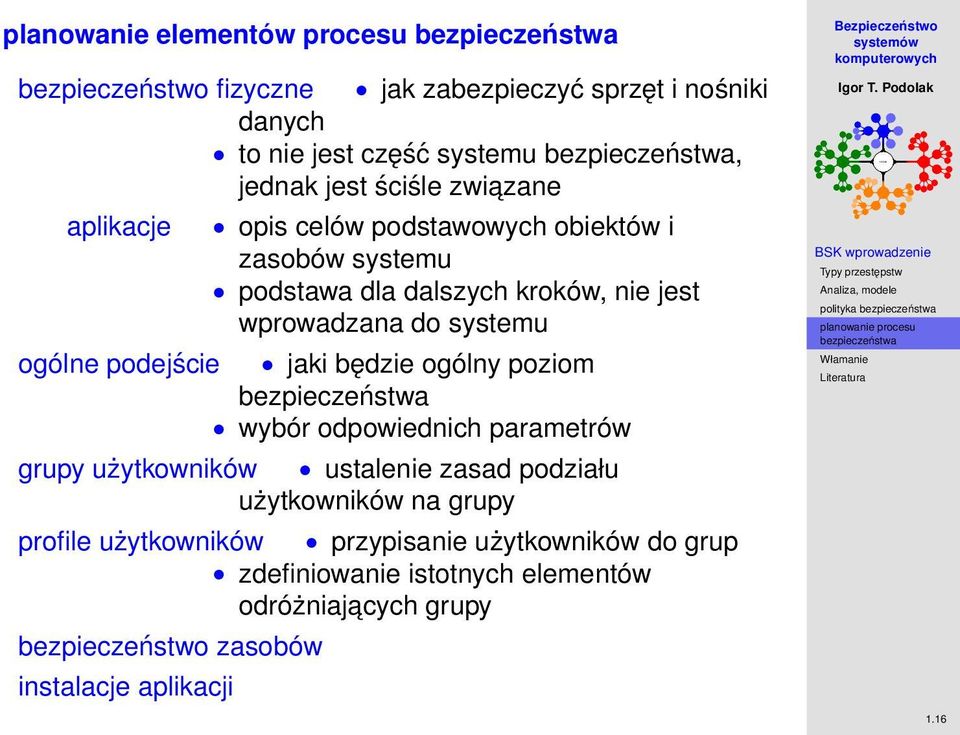 podejście jaki będzie ogólny poziom wybór odpowiednich parametrów grupy użytkowników ustalenie zasad podziału użytkowników na grupy profile