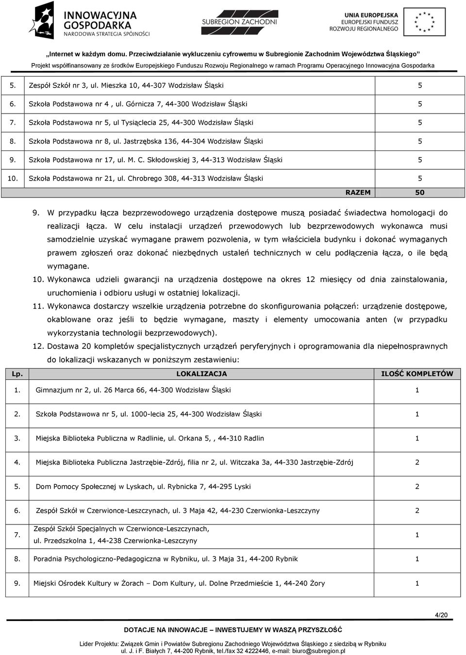 Skłodowskiej 3, 44-313 Wodzisław Śląski 5 10. Szkoła Podstawowa nr 21, ul. Chrobrego 308, 44-313 Wodzisław Śląski 5 RAZEM 50 9.