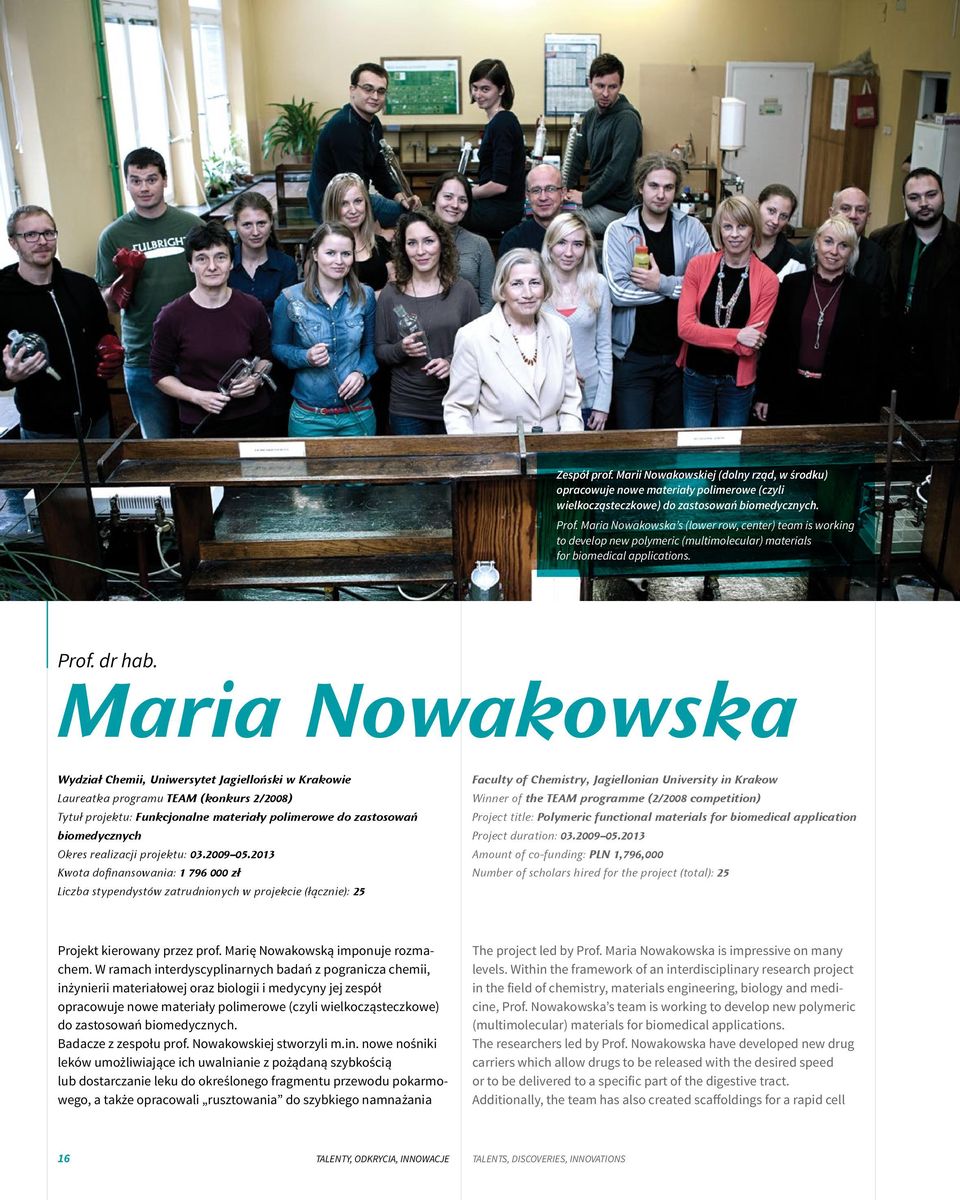 Maria Nowakowska Wydział Chemii, Uniwersytet Jagielloński w Krakowie Laureatka programu TEAM (konkurs 2/2008) Tytuł projektu: Funkcjonalne materiały polimerowe do zastosowań biomedycznych Okres