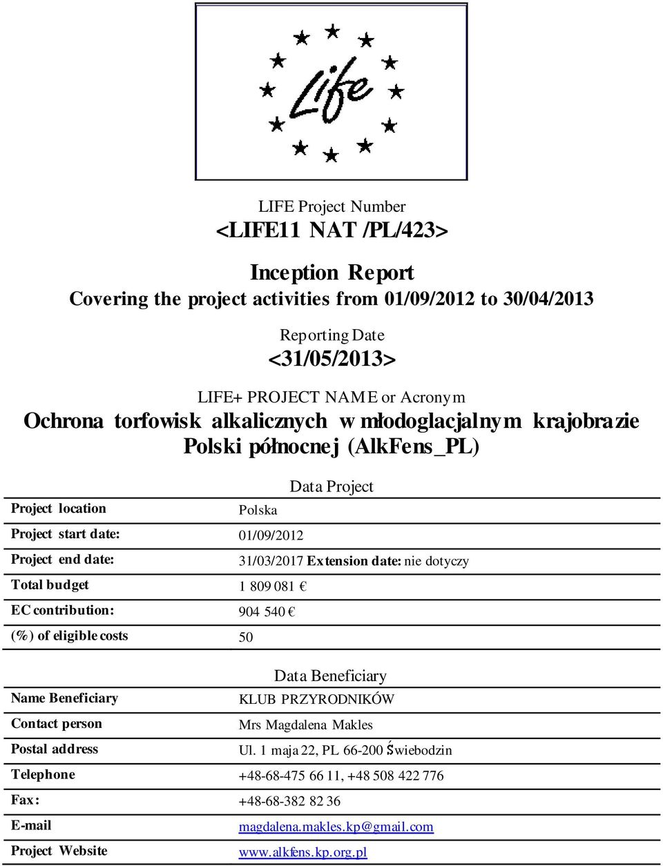 contribution: 904 540 (%) of eligible costs 50 Name Beneficiary Contact person Postal address Data Project 31/03/2017 Extension date: nie dotyczy Data Beneficiary KLUB PRZYRODNIKÓW Mrs