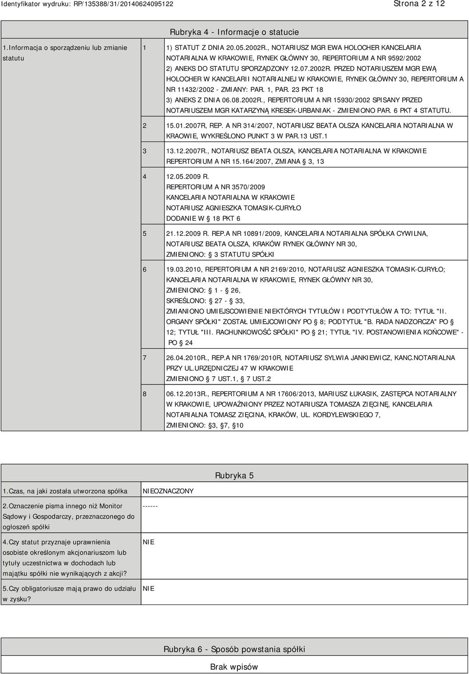 PRZED NOTARIUSZEM MGR EWĄ HOLOCHER W KANCELARII NOTARIALNEJ W KRAKOWIE, RYNEK GŁÓWNY 30, REPERTORIUM A NR 11432/2002 - ZMIANY: PAR. 1, PAR. 23 PKT 18 3) ANEKS Z DNIA 06.08.2002R.