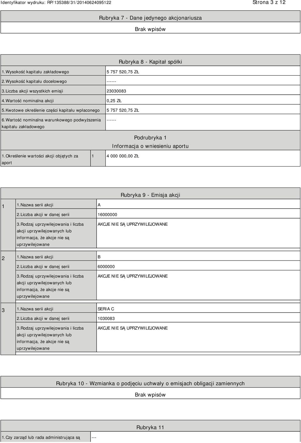 Wartość nominalna warunkowego podwyższenia kapitału zakładowego 0,25 ZŁ 5 757 520,75 ZŁ ------ Podrubryka 1 Informacja o wniesieniu aportu 1.