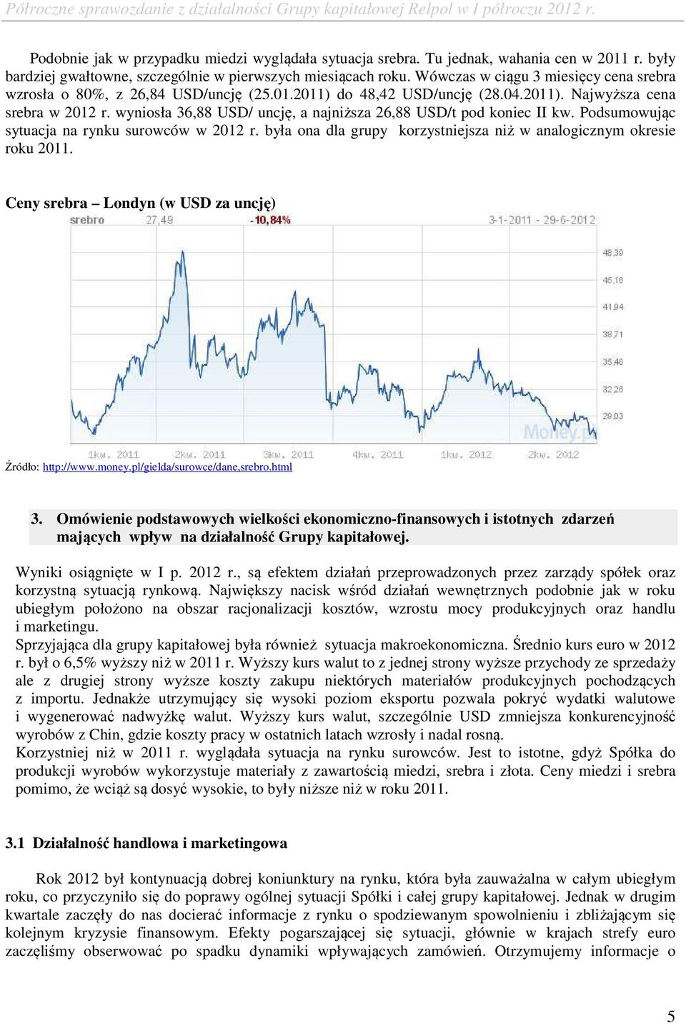 wyniosła 36,88 USD/ uncję, a najniższa 26,88 USD/t pod koniec II kw. Podsumowując sytuacja na rynku surowców w 2012 r. była ona dla grupy korzystniejsza niż w analogicznym okresie roku 2011.