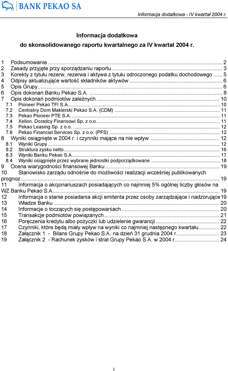 ... 8 7 Opis dokonań podmiotów zależnych... 10 7.1 Pioneer TFI S.A... 10 7.2 Centralny Dom Maklerski S.A. (CDM)... 11 7.3 Pioneer PTE S.A.... 11 7.4 Xelion. Doradcy Finansowi Sp. z o.o... 11 7.5 Leasing Sp.