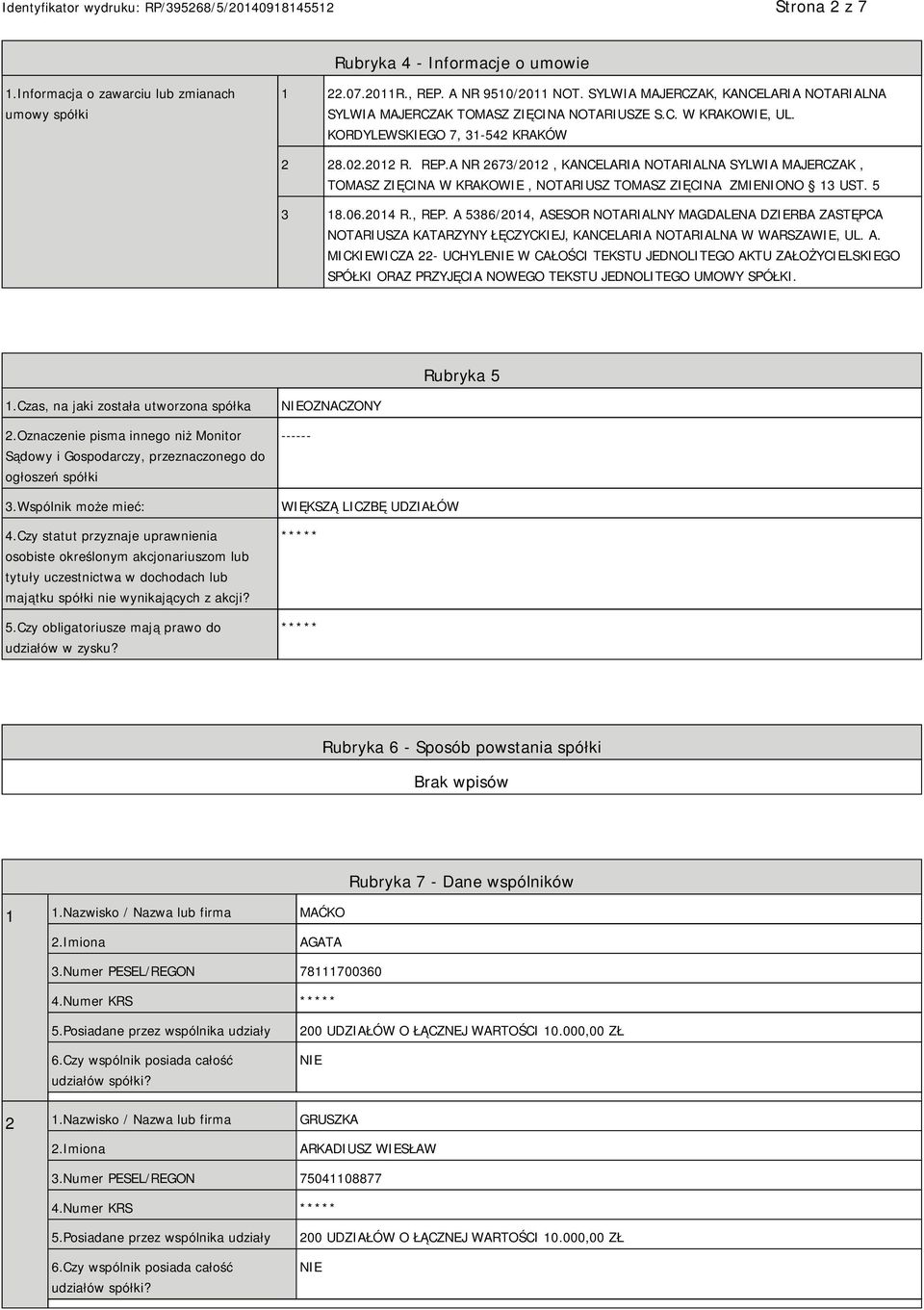 A NR 2673/2012, KANCELARIA NOTARIALNA SYLWIA MAJERCZAK, TOMASZ ZIĘCINA W KRAKOWIE, NOTARIUSZ TOMASZ ZIĘCINA ZMIENIONO 13 UST. 5 3 18.06.2014 R., REP.