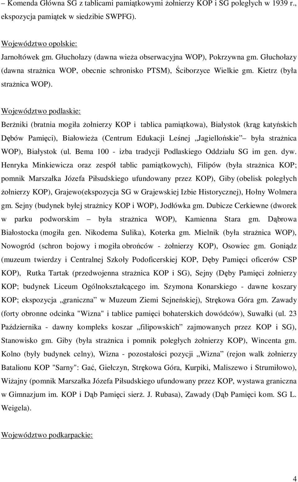 Województwo podlaskie: Berżniki (bratnia mogiła żołnierzy KOP i tablica pamiątkowa), Białystok (krąg katyńskich Dębów Pamięci), Białowieża (Centrum Edukacji Leśnej Jagiellońskie była strażnica WOP),