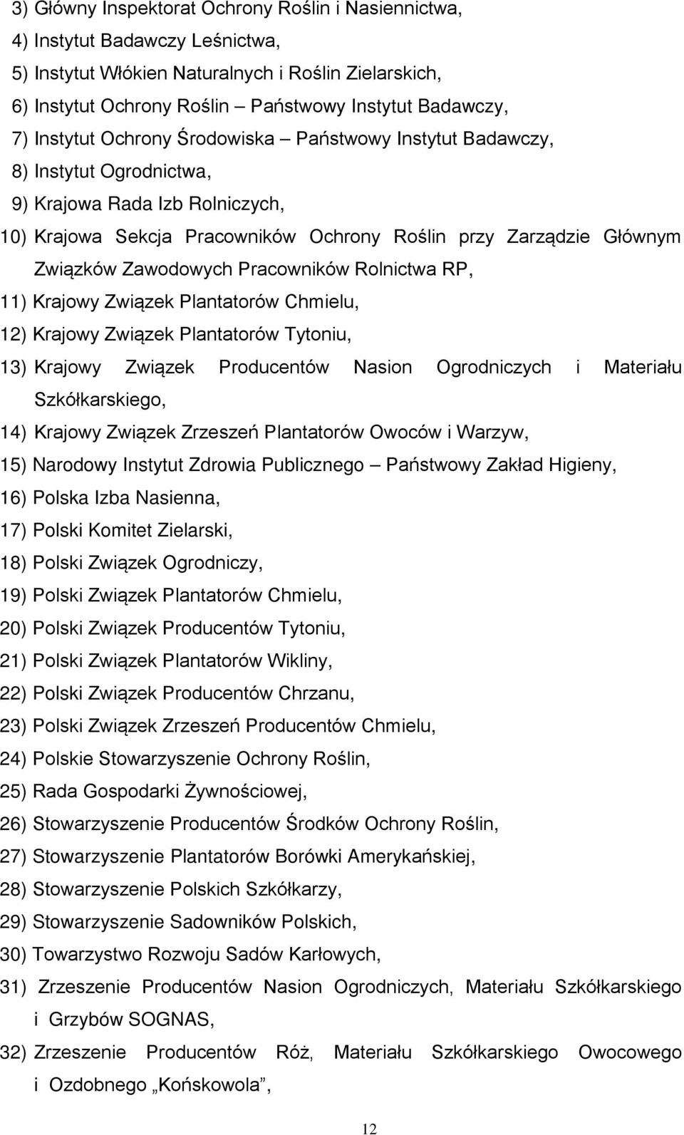 Zawodowych Pracowników Rolnictwa RP, 11) Krajowy Związek Plantatorów Chmielu, 12) Krajowy Związek Plantatorów Tytoniu, 13) Krajowy Związek Producentów Nasion Ogrodniczych i Materiału Szkółkarskiego,