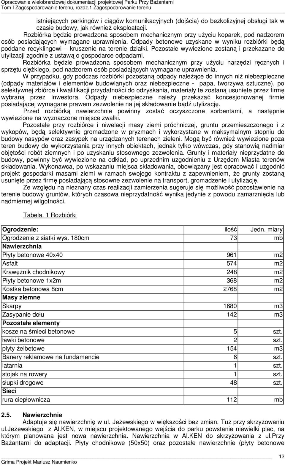 Odpady betonowe uzyskane w wyniku rozbiórki będą poddane recyklingowi kruszenie na terenie działki. Pozostałe wywiezione zostaną i przekazane do utylizacji zgodnie z ustawą o gospodarce odpadami.