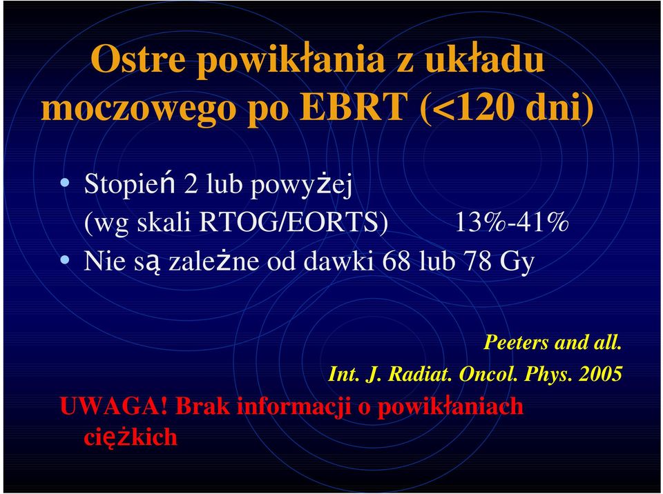 zaleŝne od dawki 68 lub 78 Gy Peeters and all. Int. J. Radiat.