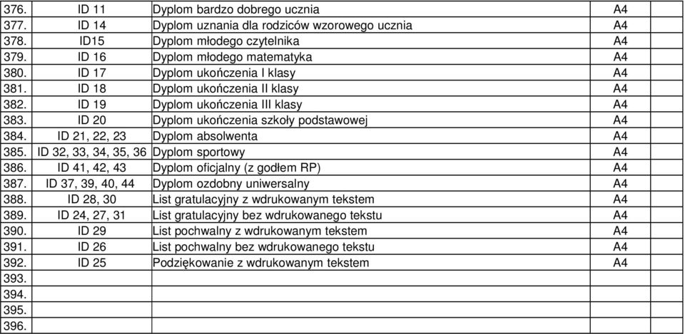 ID 32, 33, 34, 35, 36 Dyplom sportowy 386. ID 41, 42, 43 Dyplom oficjalny (z godłem RP) 387. ID 37, 39, 40, 44 Dyplom ozdobny uniwersalny 388. ID 28, 30 List gratulacyjny z wdrukowanym tekstem 389.