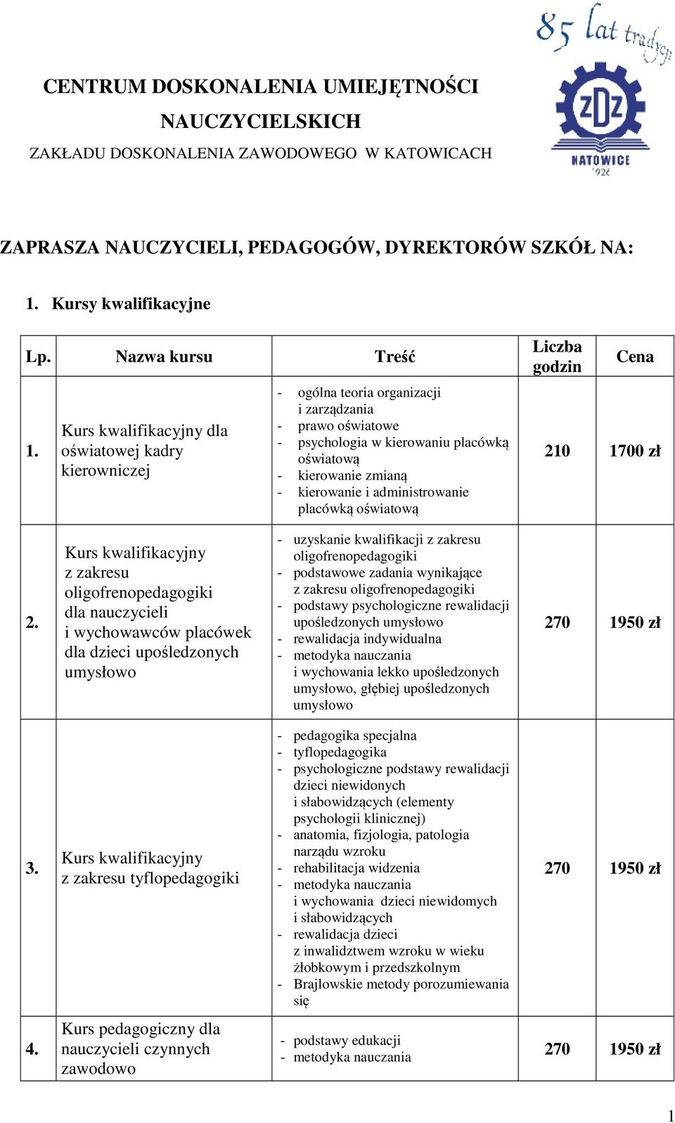 oświatową 210 1700 zł Kurs kwalifikacyjny z zakresu oligofrenopedagogiki dla nauczycieli i wychowawców placówek dla dzieci upośledzonych umysłowo - uzyskanie kwalifikacji z zakresu