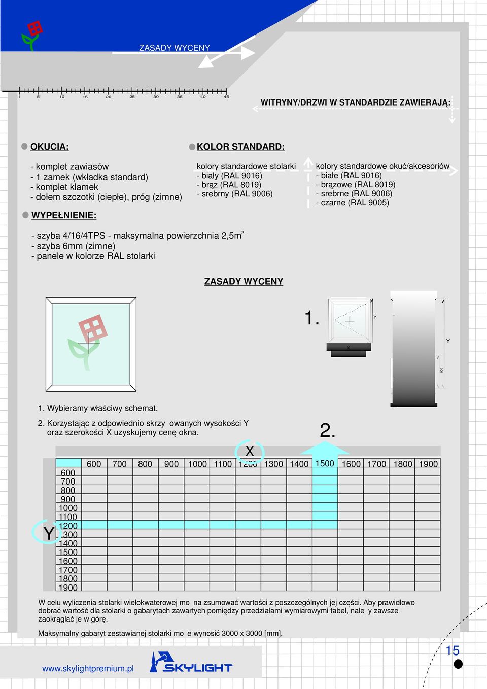 szyba 4/16/4TPS - maksymalna powierzchnia 2,5m - szyba 6mm (zimne) - panele w kolorze RAL stolarki ZASAD WCEN 1. 900 1. Wybieramy właściwy schemat. 2. Korzystając z odpowiednio skrzyżowanych wysokości oraz szerokości uzyskujemy cenę okna.
