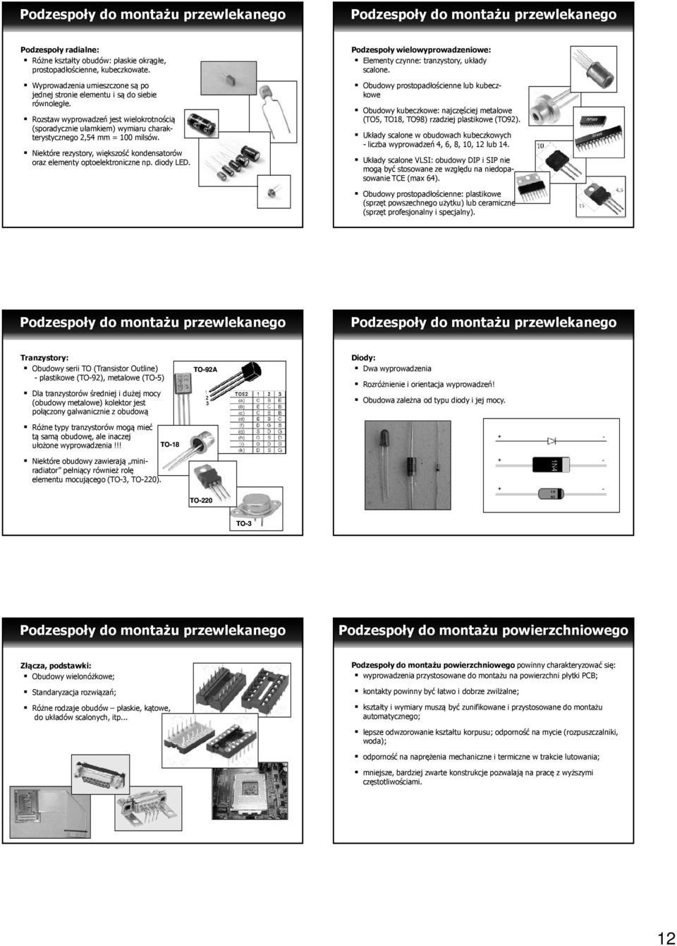 Niektóre rezystory, większość kondensatorów oraz elementy optoelektroniczne np. diody LED. Podzespoły wielowyprowadzeniowe: Elementy czynne: tranzystory, układy scalone.