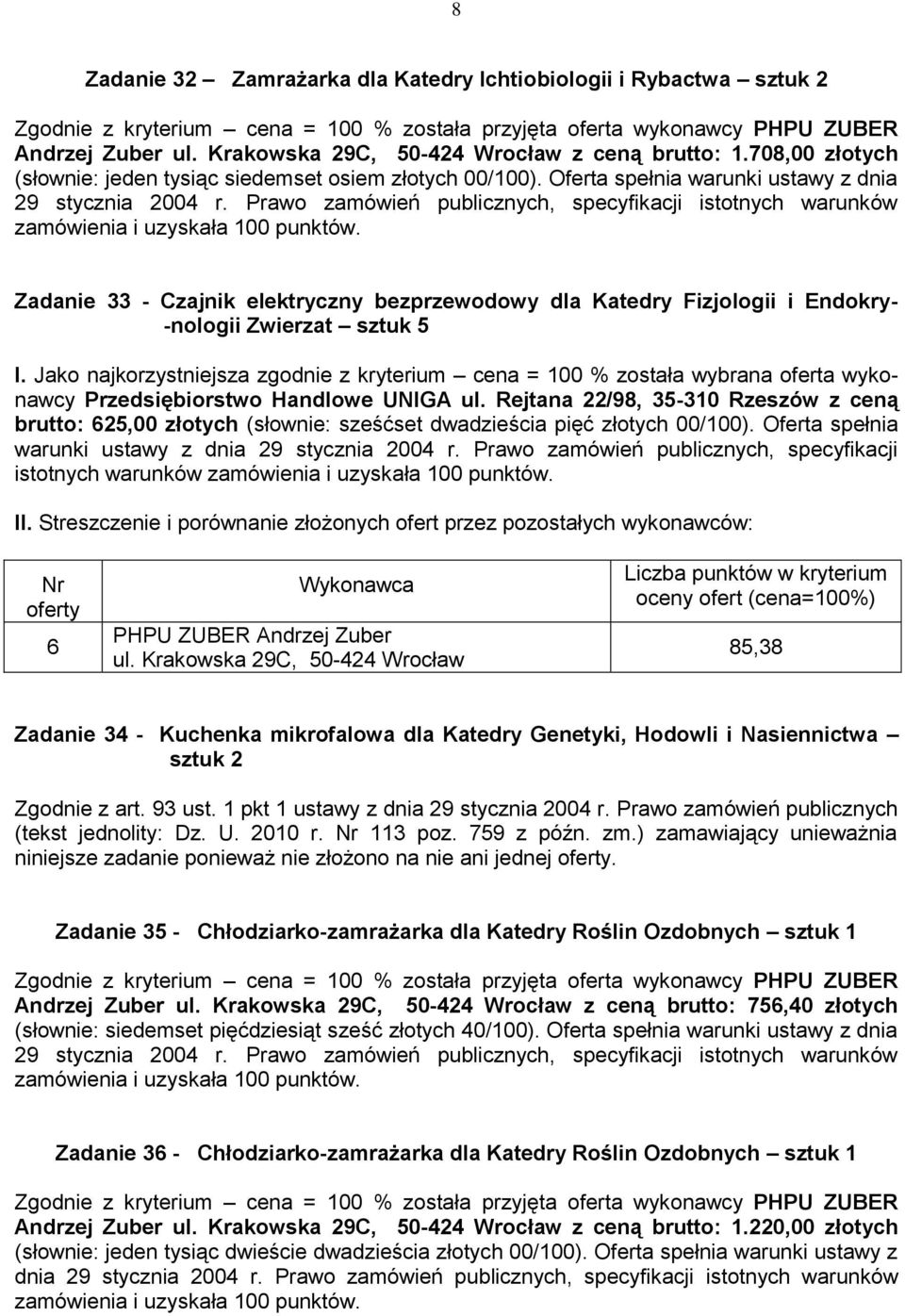 Prawo zamówień publicznych, specyfikacji istotnych warunków Zadanie 33 - Czajnik elektryczny bezprzewodowy dla Katedry Fizjologii i Endokry- -nologii Zwierzat sztuk 5 Przedsiębiorstwo Handlowe UNIGA